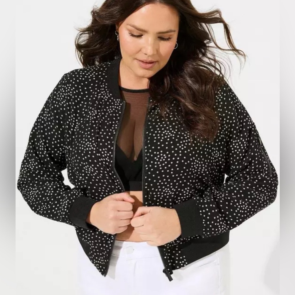 Torrid Chiffon Bomber Jacket Black Multi Dot Large 12 NEW $70 Lightweight Zip Up